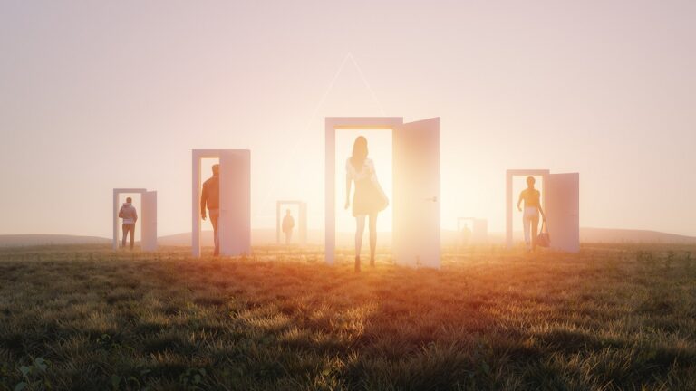 Mysterious meadow passage with group of people