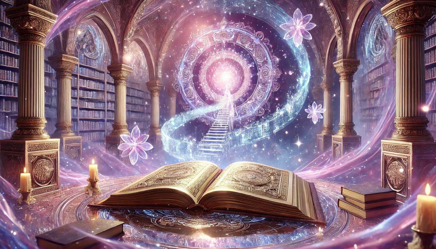 DALL·E 2025-01-10 17.25.23 – A breathtaking scene representing the Akashic Records or soul archives. The image features a swirling ether in shades of purple and pastel lilac, with